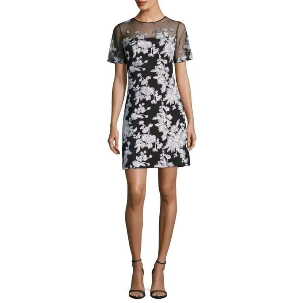 Tadashi Shoji Cardea Floral Illusion Short-Sleeve Embroidered A-Line Dress US 4